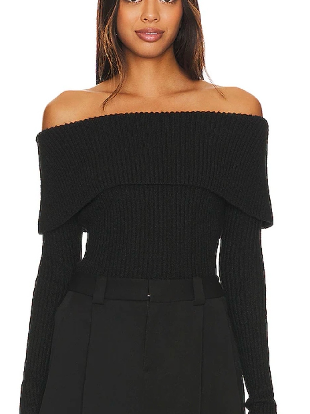 We The Free Black Off-Shoulder Ribbed Knit Sweater